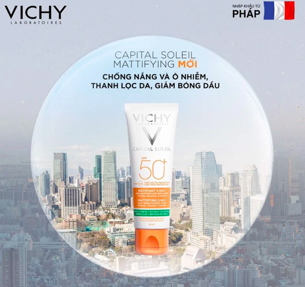 (Vạch Xanh & Cam) Kem Chống Nắng Chống Ô Nhiễm Bụi Kiềm Dầu & Giảm Thâm Nám Vichy Capital Soleil Mattifying 3In1 SPF50+