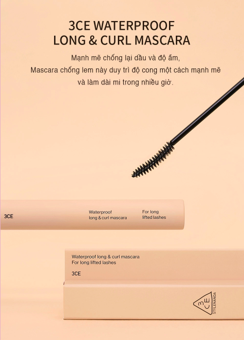 Mascara Làm Dày Và Cong Mi 3CE Waterproof Long & Curl - Black