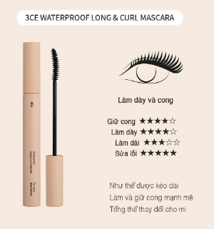 Mascara Làm Dày Và Cong Mi 3CE Waterproof Long & Curl - Black