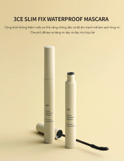 MASCARA LÀM DÀY VÀ DÀI MI 3CE SLIM FIX WATERPROOF ĐẦU CONG - BLACK