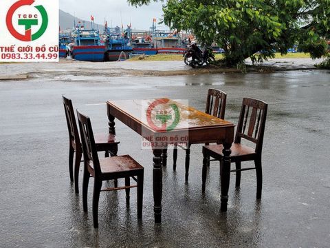 BỘ BÀN CHỮ U CHÂN TIỆN GỖ XƯA 4 GHẾ
