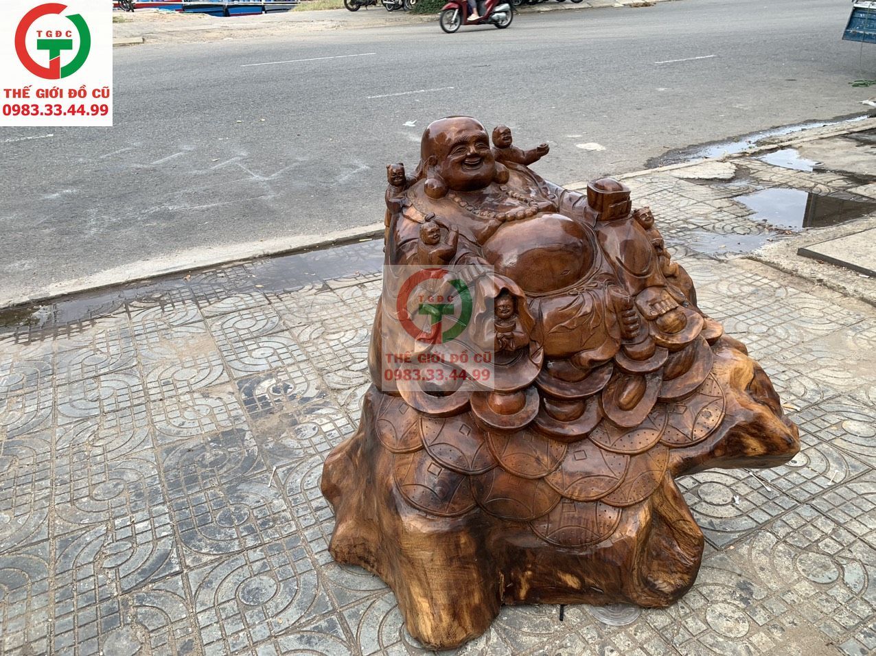 TƯỢNG PHẬT DI LẶC NGŨ PHÚC NGỒI HŨ TIỀN GỖ CHIU LIU