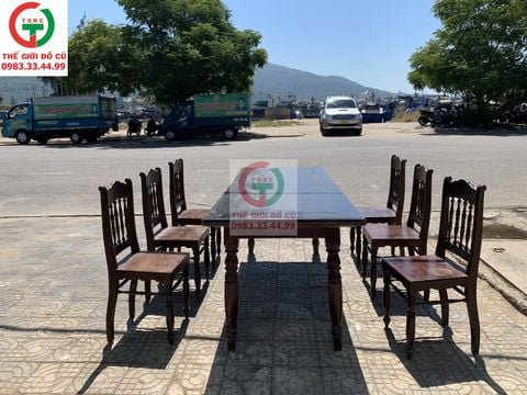BÀN GHẾ CHÂN TIỆN 6 GHẾ GỖ XƯA
