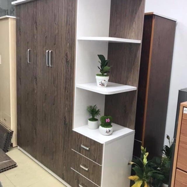 TỦ ÁO QUẦN 2 CÁNH CÓ KỆ BÊN MÀU ÓC CHÓ
