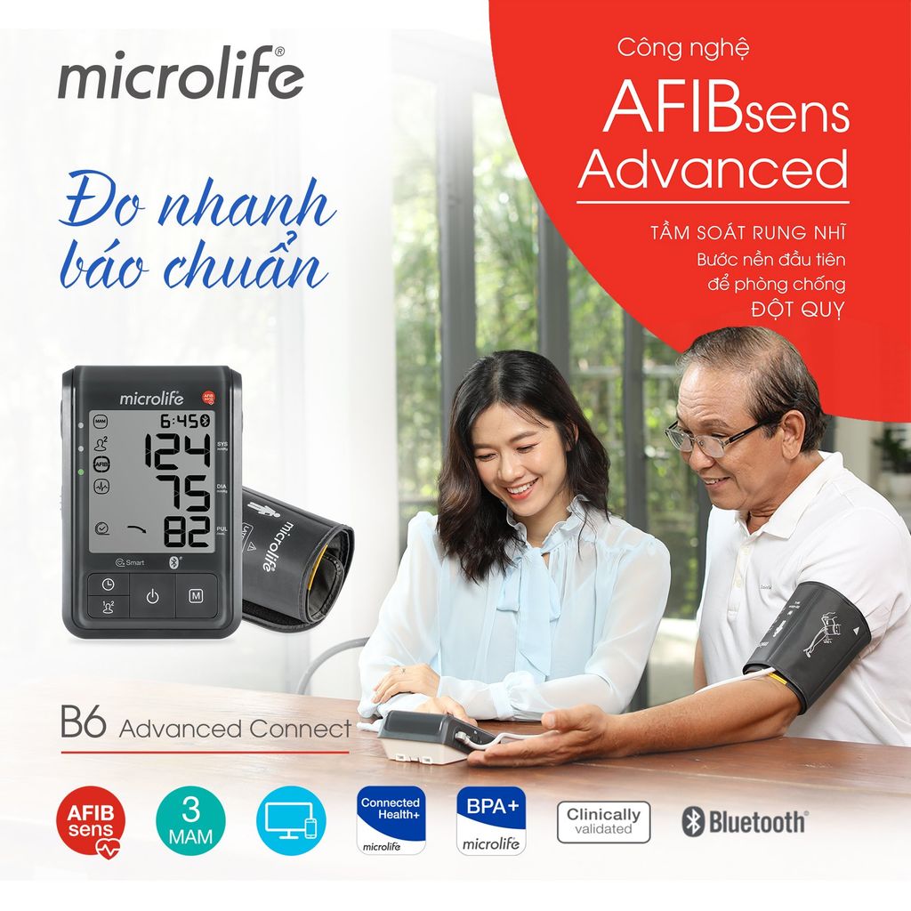 Máy Đo Huyết Áp Bắp Tay Microlife B6 ADVANCED CONNECT, Cảnh Báo Rung Nhĩ 1 Lần Đo, Kết Nối Điện Thoại & Máy Tính