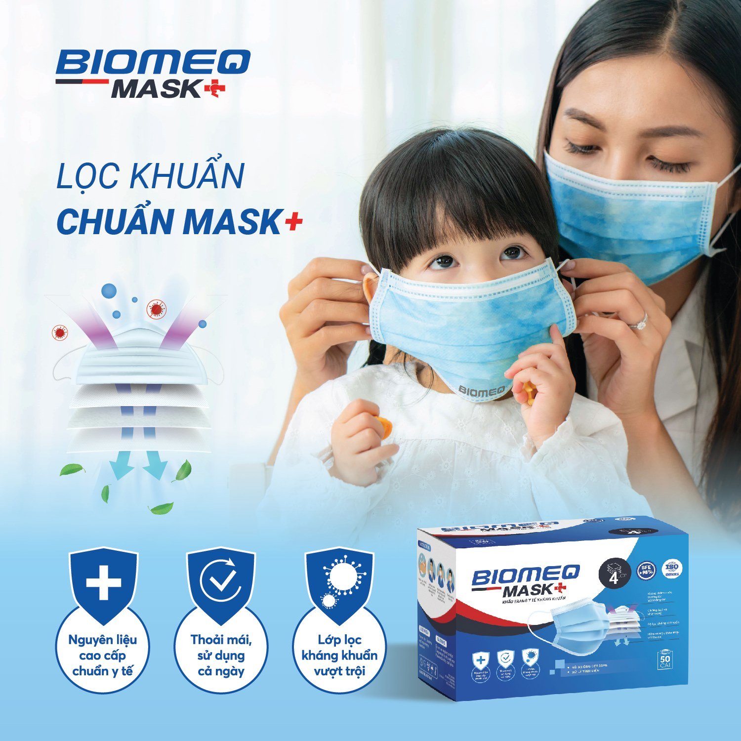 Khẩu trang y tế kháng khuẩn 4 lớp BIOMEQ MASK+ HỘP 50 CÁI