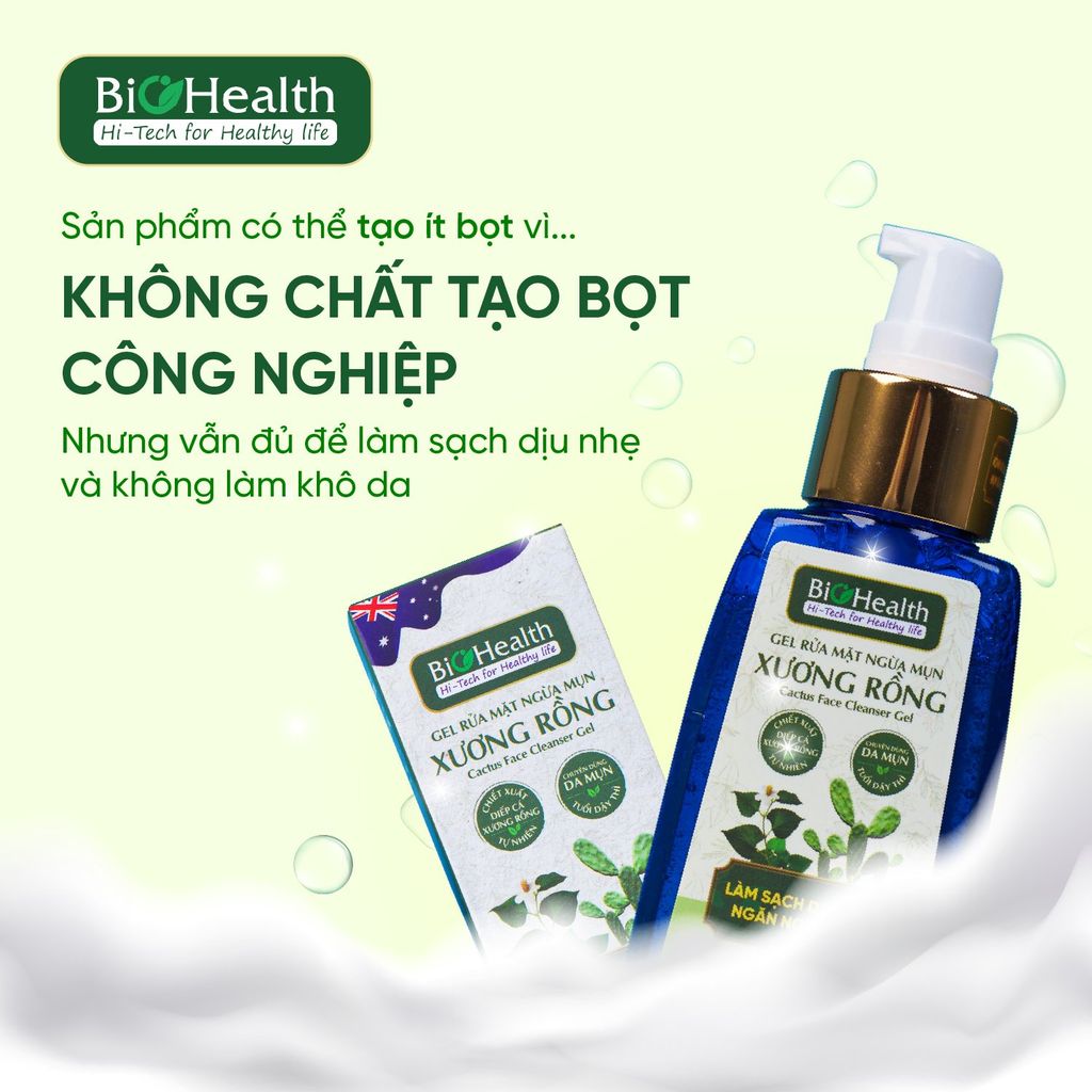 Gel Rửa Mặt Ngừa Mụn Xương Rồng BioHealth, Làm Sạch Da Nhờn, Ngăn Ngừa Mụn, Phục Hồi Tổn Thương Do Mụn 60ml