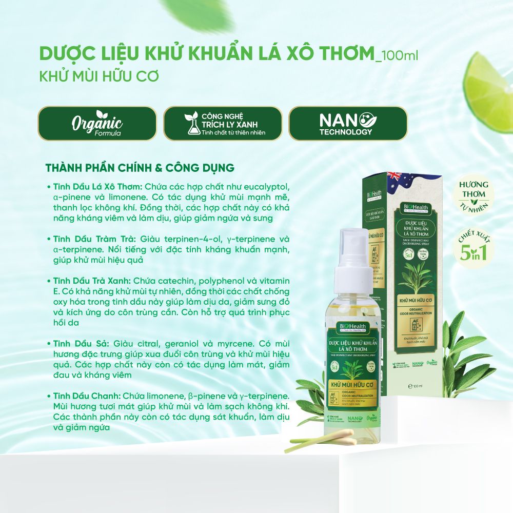 Dung Dịch Khử Khuẩn Lá Xô Thơm Khử Mùi Hữu Cơ BioHealth 100ml