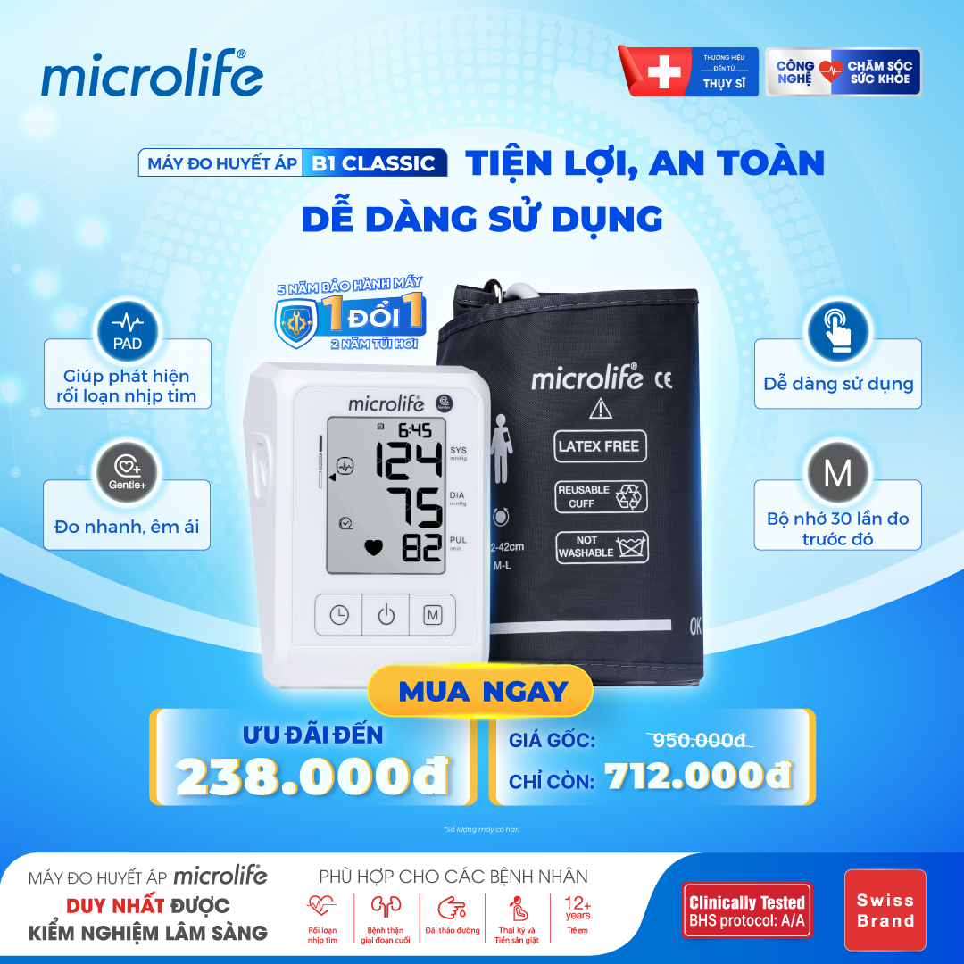 B1 Classic – Máy Đo Huyết Áp Điện Tử Bắp Tay Microlife