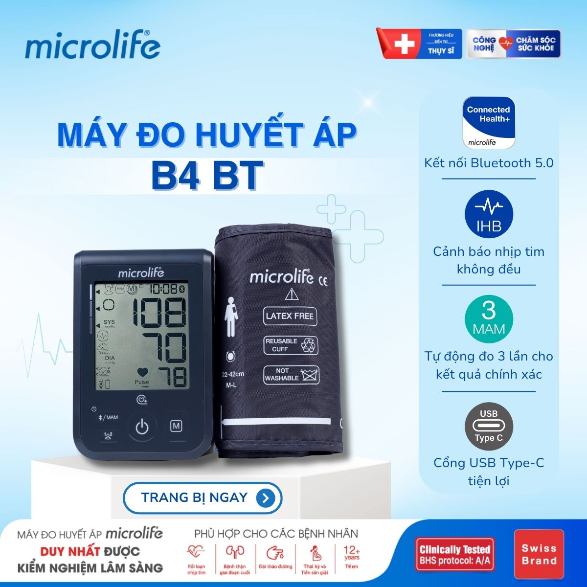 Máy Đo Huyết Áp Điện Tử Bắp Tay Microlife B4 BLUETOOTH (BT) Kết Nối BlueTooth, Tự Động Cập Nhật Dữ Liệu Lên Ứng Dụng Microlife Connected Health+