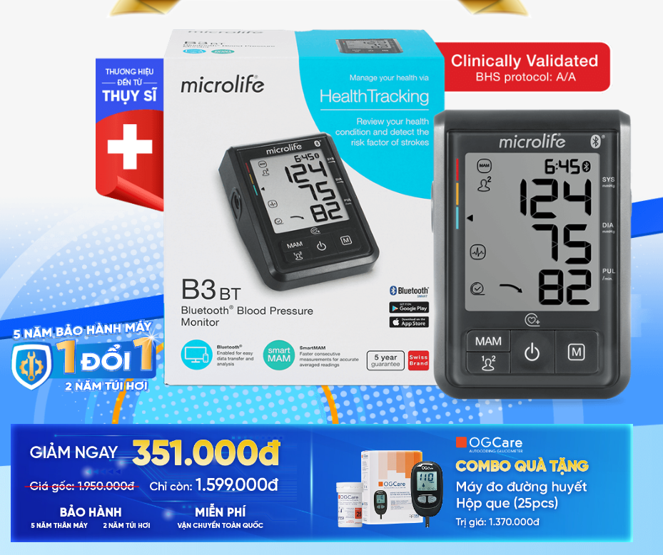 Máy Đo Huyết Áp Bắp Tay Microlife B3 BLUETOOTH, Kèm Quà Tặng Máy Đo Đường Huyết OG Care
