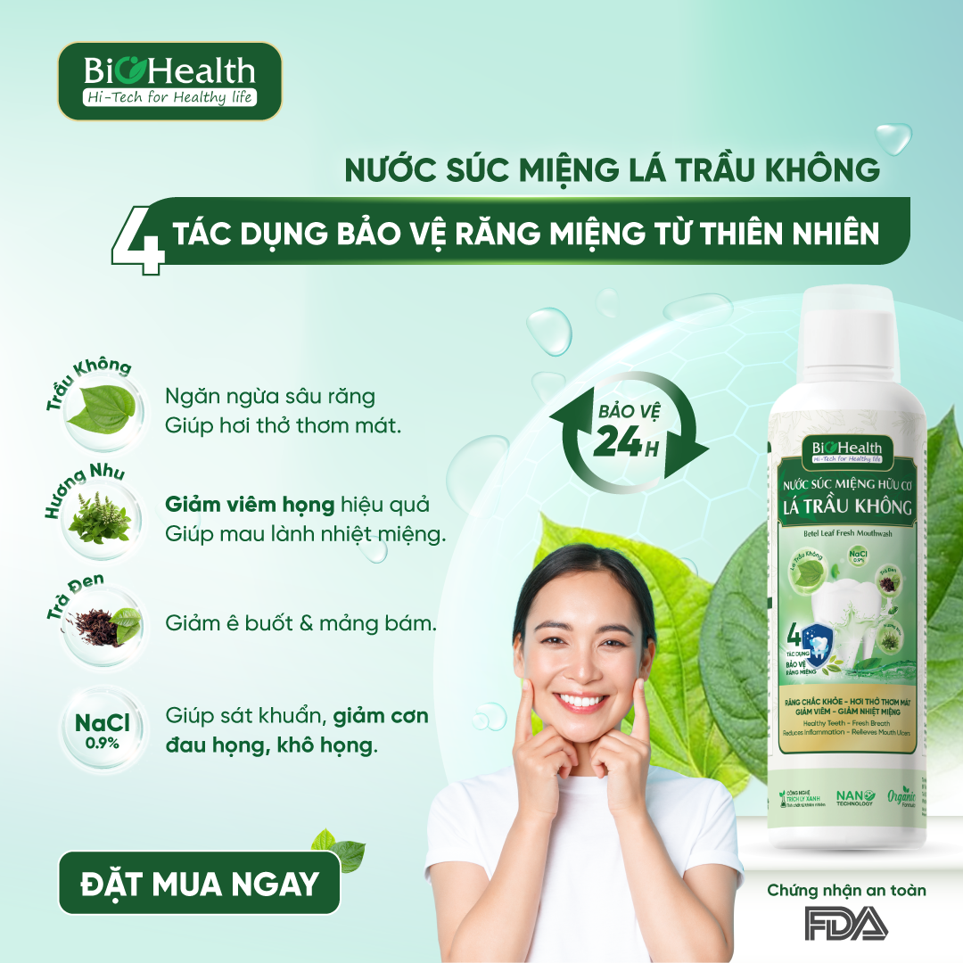 Nước Súc Miệng Hữu Cơ Lá Trầu Không BioHealth, Giảm Viêm, Giảm Nhiệt Miệng 250ml