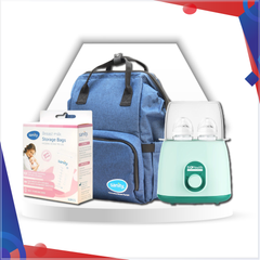 Bộ quà cho mẹ  trị giá1.100.000đ gồm Máy hâm sữa đôi BH9210 550k, Ba lô bỉm sữa Sanity 500k, Túi trữ sữa Sanity 50k