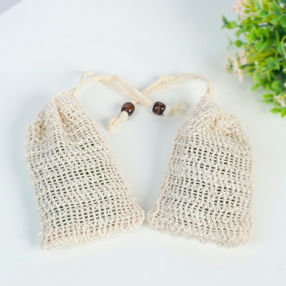 Túi Sợi  Dây Đay Tự Phân Hủy, Túi Đựng Xà Phòng Tạo Bọt Có Dây Rút Thành Phần Sợi Thiên Nhiên Hạt Gỗ 9*14cm
