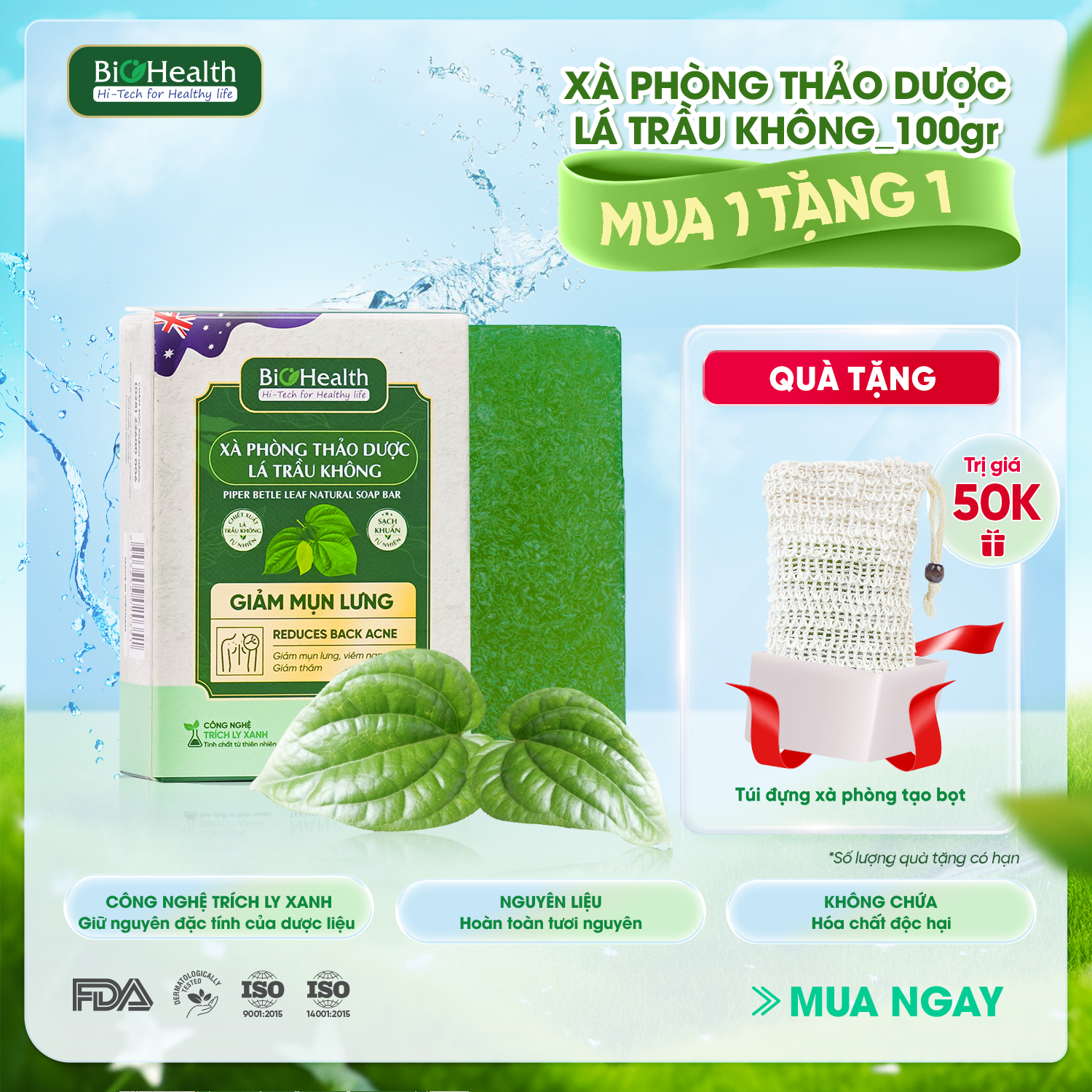 Xà Phòng Thảo Dược Lá Trầu Không BioHealth Giảm Mụn Lưng 100g