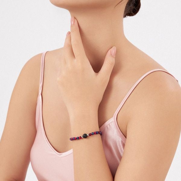  Vòng tay đá Lapis Lazuli xanh dương, mắt hổ đỏ hồng và núi lửa đen: Sự hòa hợp vẹn tròn - mã VTNU59 