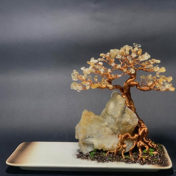  Bonsai dây đồng nghệ thuật đá Citrine và cụm tinh thể thạch anh trắng 