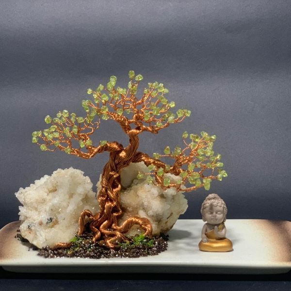  Bonsai dây đồng nghệ thuật đá Peridot và cụm tinh thể thạch anh trắng 