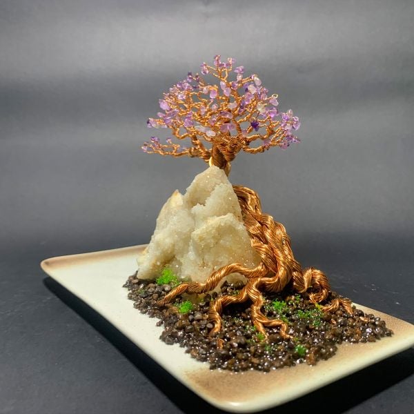  Bonsai dây đồng nghệ thuật đá thạch anh tím và cụm tinh thể thạch anh trắng 