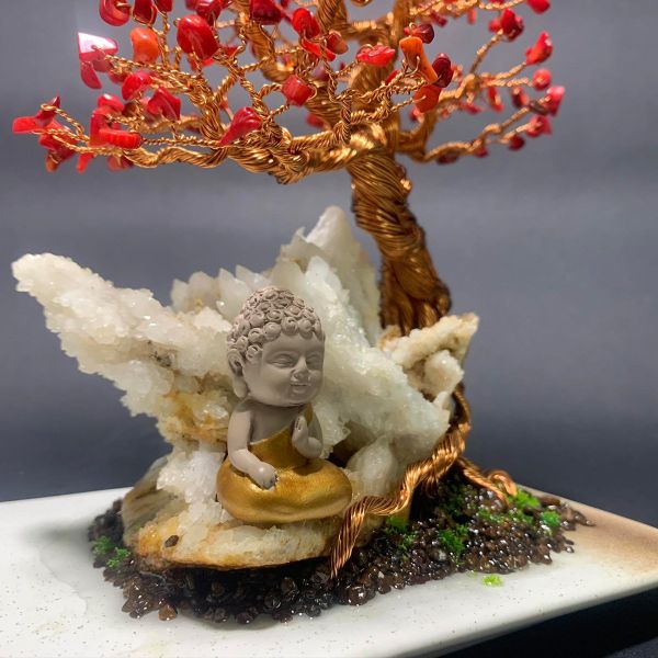  Bonsai dây đồng nghệ thuật đá Jasper và cụm tinh thể thạch anh trắng 