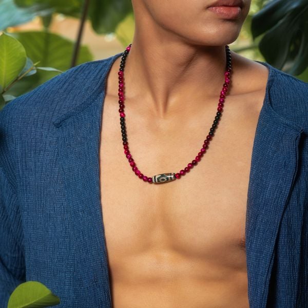  Dây chuyền mắt hổ đỏ hồng, Onyx đen, hạt dzi: Năng lượng dồi dào - Mã DCN05 