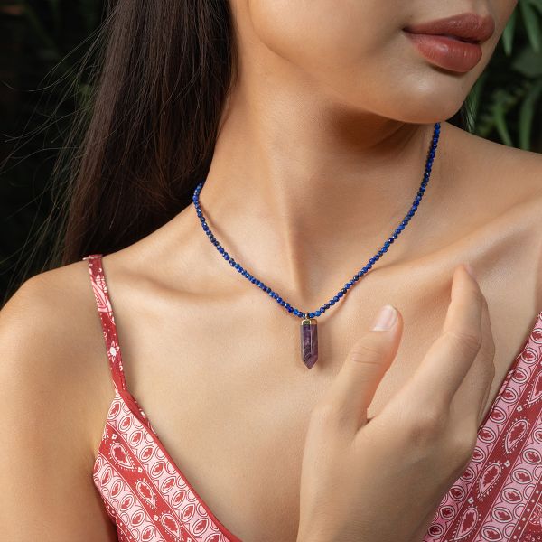  Dây chuyền nữ Lapis Lazuli, trụ thạch anh tím: Chân thành, sáng suốt - Mã DCNU17 