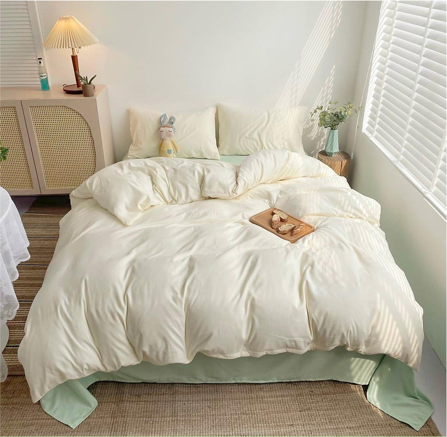  Bộ Chăn ga cotton Tici notag- Trắng phối Xanh mint 