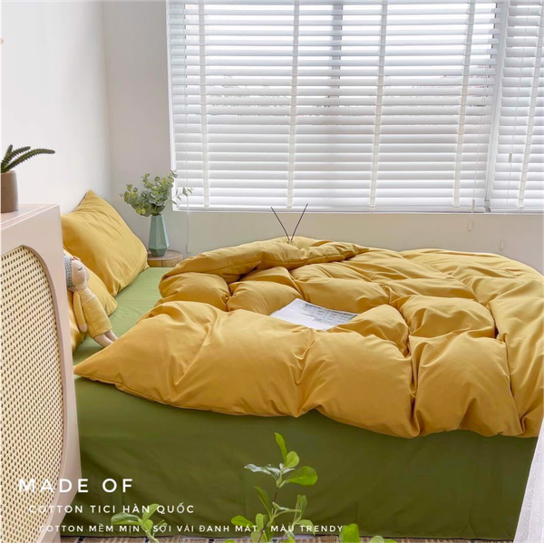 Bộ Chăn ga cotton Tici notag- Cam phối Xanh lá