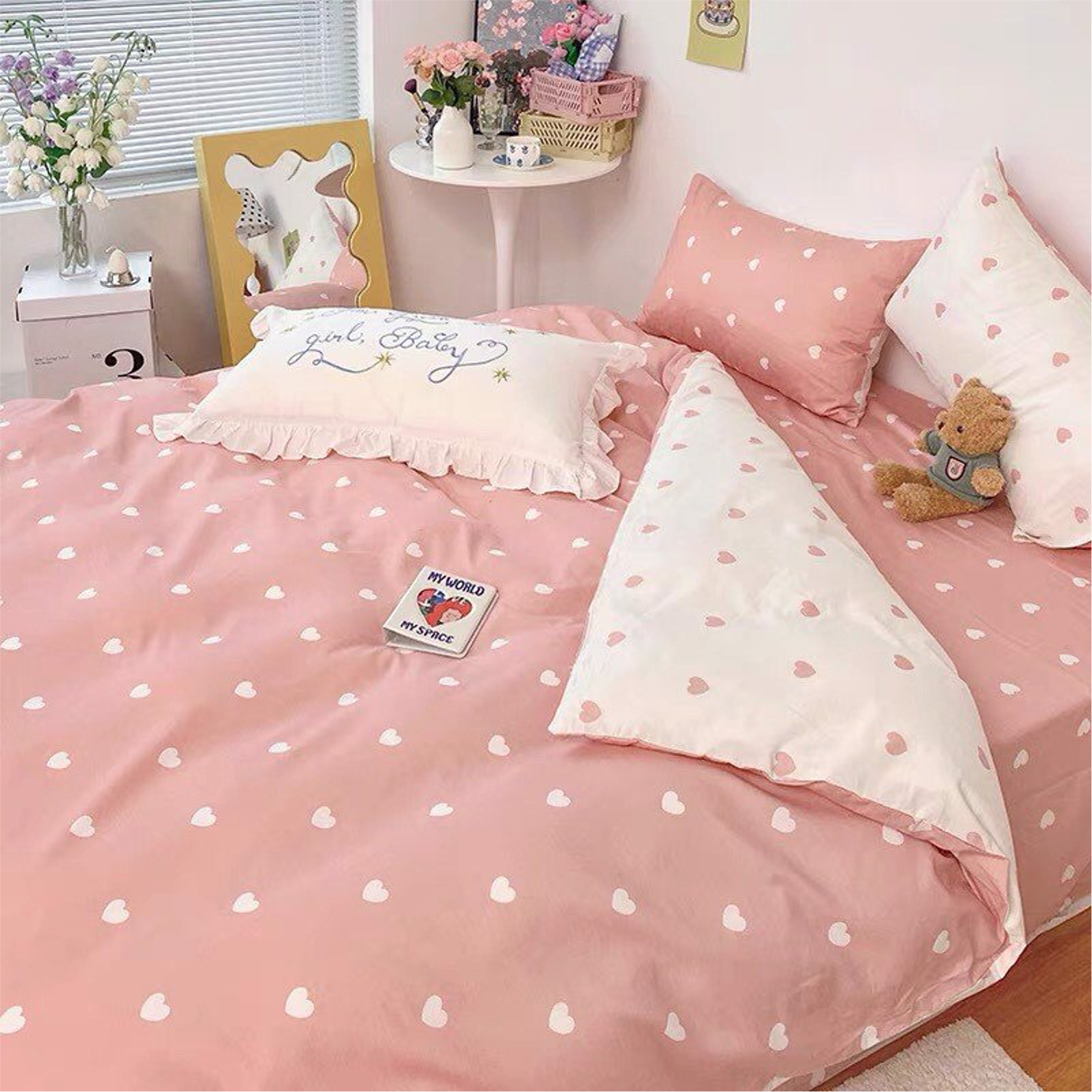  Bộ Chăn ga cotton Hàn Quốc- Tim Hồng 