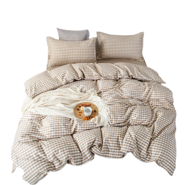 Bộ Chăn ga cotton Hàn Quốc- Caro Nâu be