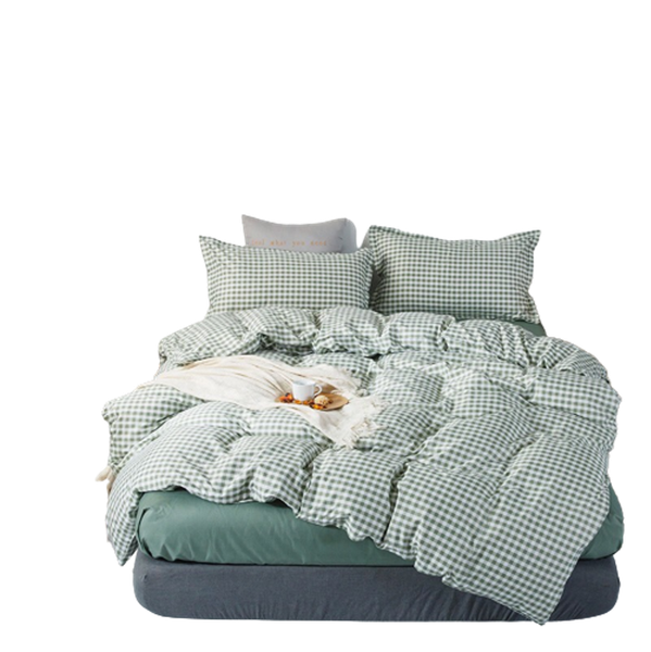 Bộ Chăn ga cotton Hàn Quốc- Caro Xanh lá