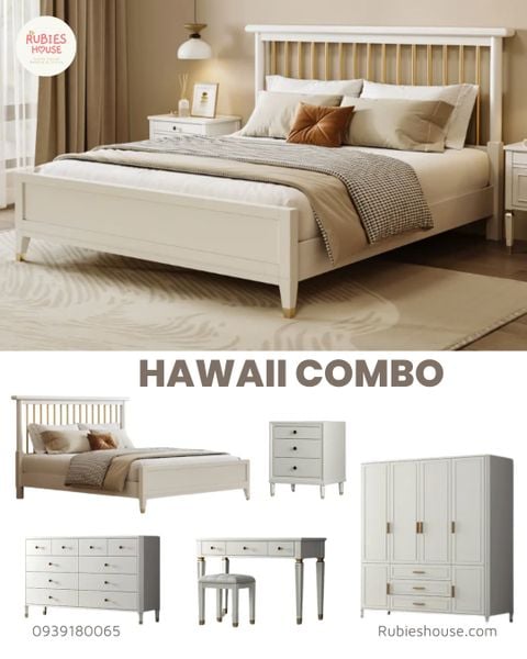 Ảnh: COMBO HAWAII BED- Combo phòng ngủ giường gỗ Bắc Âu Rubies House