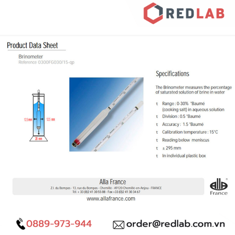 Baume kế 0-30 : 0.5°Bé Tp 15°C hãng Alla - Pháp code 0300FG030/15-qp - Redlab