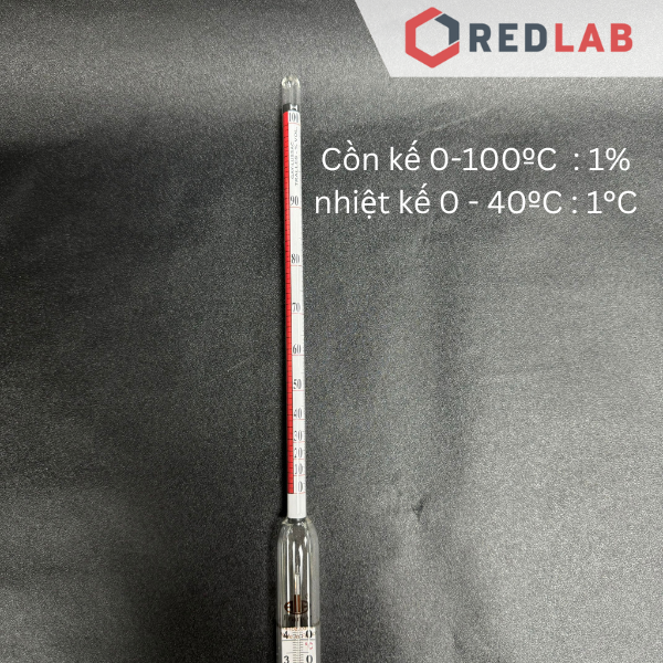 Cồn kế có nhiệt kế 0-100 : 1%, nhiệt kế 0 - 40ºC : 1°C Alla  Alcoholometer 0500TP000/20-qp, có VAT