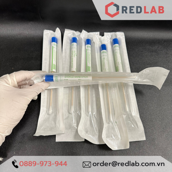 Que gòn lấy mẫu thí nghiệm GREETMED 16cm cán gỗ, tiệt trùng từng ống nhựa, đóng vỉ giấy, disposable swab test, có VAT