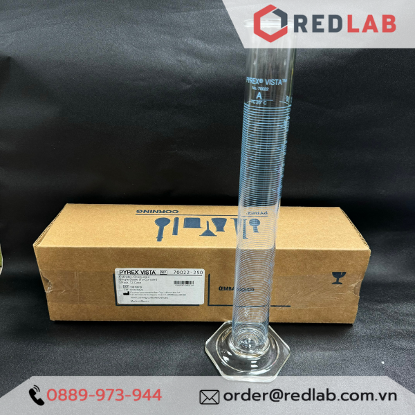 Ống đong thuỷ tinh PYREX Class A 10 25 50 100 250 ml, đế lục giác chia vạch xanh, thuỷ tinh Borosilicate, có VAT