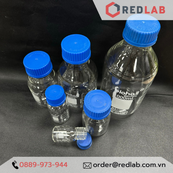 Chai trung tính trắng BIOHALL  25ml đến 20L - nắp vặn PP xanh GL25 GL32 GL45, thuỷ tinh boro 3.3 vạch trắng, có VAT