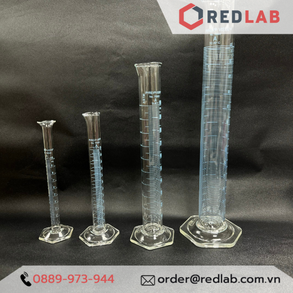 Ống đong thuỷ tinh PYREX Class A 10 25 50 100 250 ml, đế lục giác chia vạch xanh, thuỷ tinh Borosilicate, có VAT