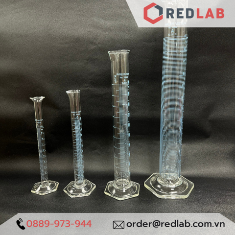 Ống đong thuỷ tinh PYREX Mỹ 10 25 50 100 250 ml, đế lục giác chia vạch xanh, class A chất lượng cao - Redlab