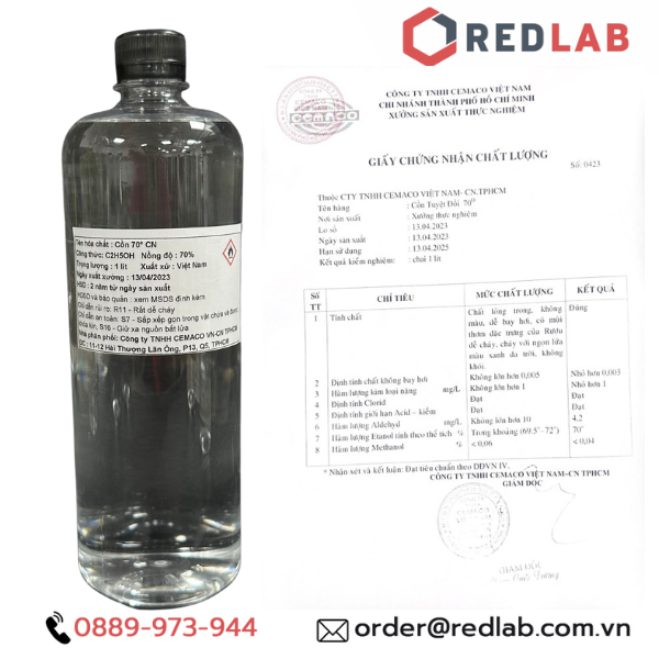 Cồn 70 độ, 90 độ, 96 độ (chai 1 lít) hãng CEMACO Việt Nam, 70% 90% 96% Ethanol, có VAT