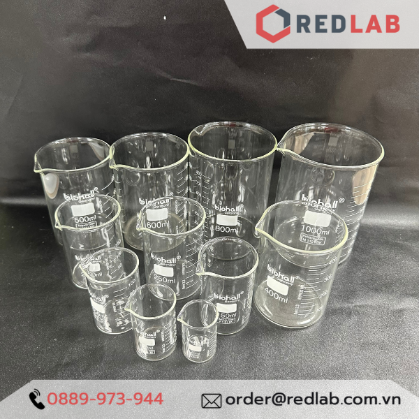 Cốc đốt thuỷ tinh Thấp thành BIOHALL 5 10 25 50 100 150 200 250 400 500 600 800 1000 ml 2L 3L 5L 10L, beaker có mỏ chịu nhiệt, có VAT