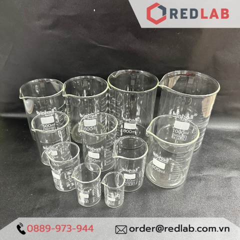 Cốc đốt thuỷ tinh, beaker thấp thành chịu nhiệt cao BIOHALL Germany-Redlab