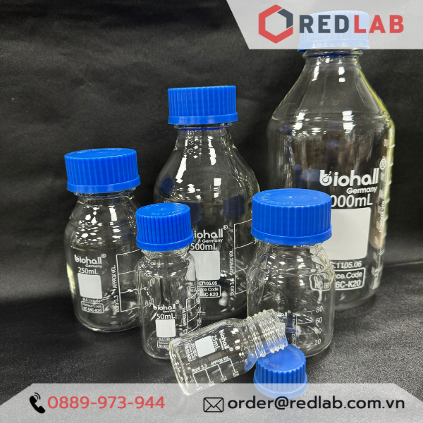Chai trung tính trắng BIOHALL  25ml đến 20L - nắp vặn PP xanh GL25 GL32 GL45, thuỷ tinh boro 3.3 vạch trắng, có VAT