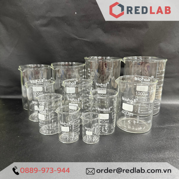 Cốc đốt thuỷ tinh Thấp thành BIOHALL 25 50 100 150 200 250 400 500 600 800 1000 ml 2L 3L 5L 10L, beaker có mỏ chịu nhiệt, có VAT