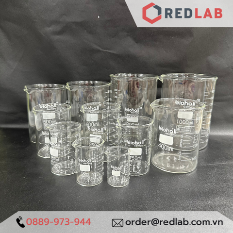 Cốc đốt thuỷ tinh, beaker thấp thành chịu nhiệt cao BIOHALL Germany-Redlab