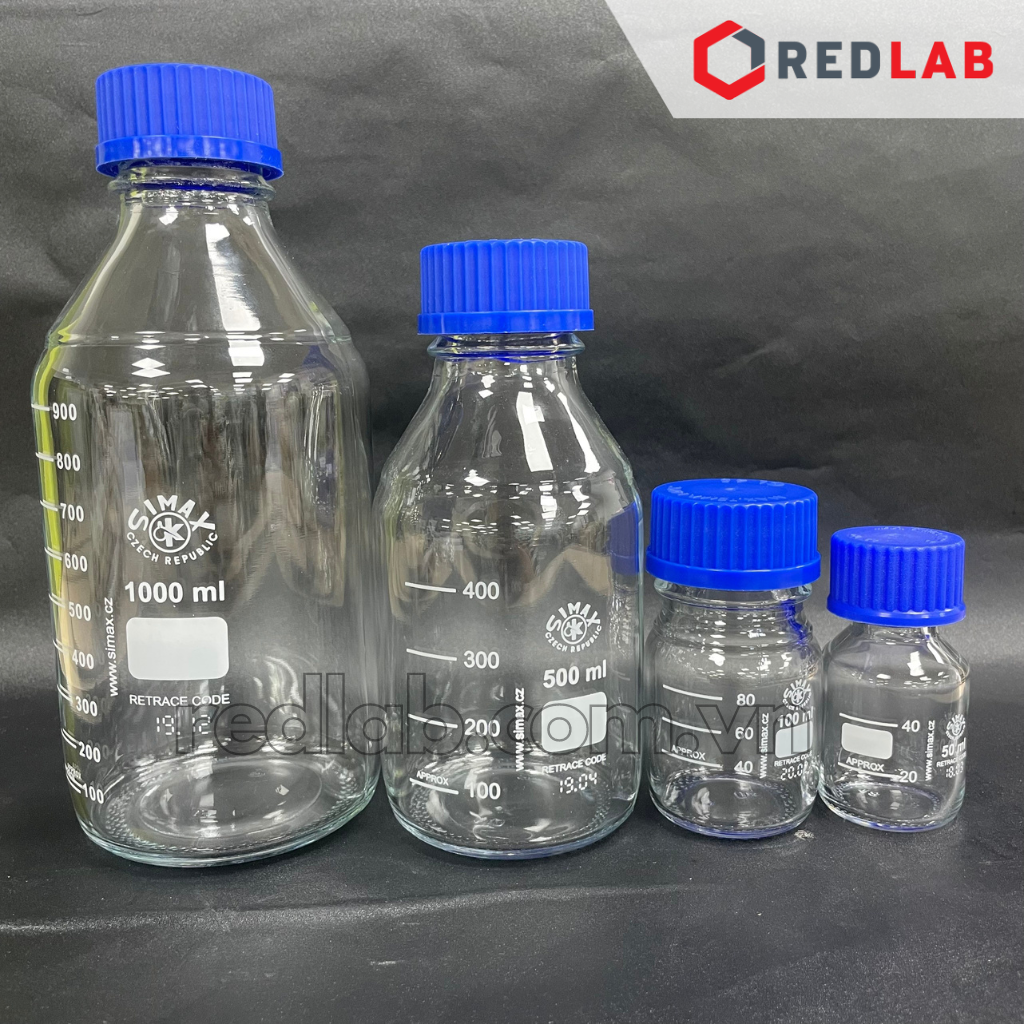 Chai trung tính trắng SIMAX Class A 50 100 150 250 500 ml, 1 2 5 10 20 L nắp vặn PP xanh GL 32 45, có VAT