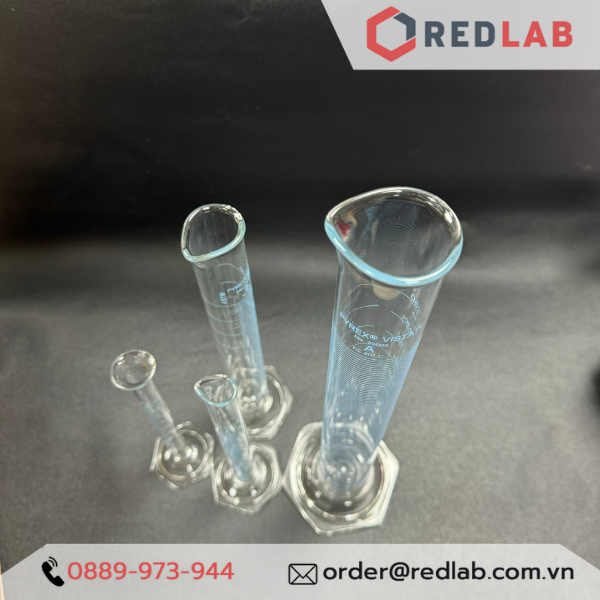 Ống đong thuỷ tinh PYREX Class A 10 25 50 100 250 ml, đế lục giác chia vạch xanh, thuỷ tinh Borosilicate, có VAT