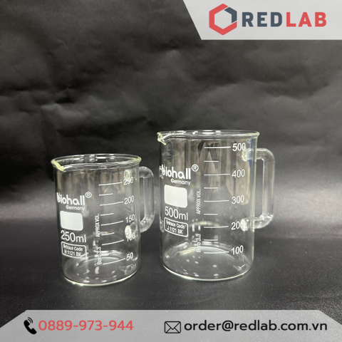 Cốc thuỷ tinh có tay cầm 250ml 500ml BIOHALL Germany - beaker có quai, chia vạch trắng, có VAT-Redlab
