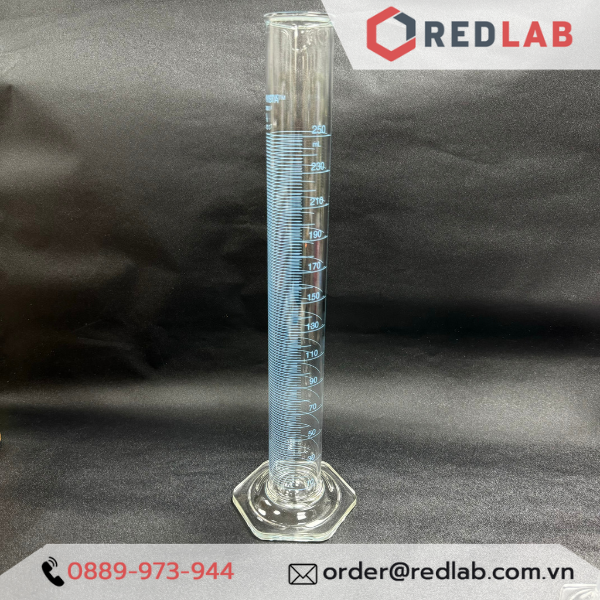 Ống đong thuỷ tinh PYREX Class A 10 25 50 100 250 ml, đế lục giác chia vạch xanh, thuỷ tinh Borosilicate, có VAT