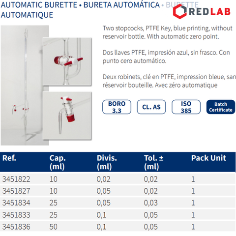 Burette tự động trắng khóa nhựa & thủy tinh NORMAX Bồ Đào Nha 10 25 50 ml, có VAT